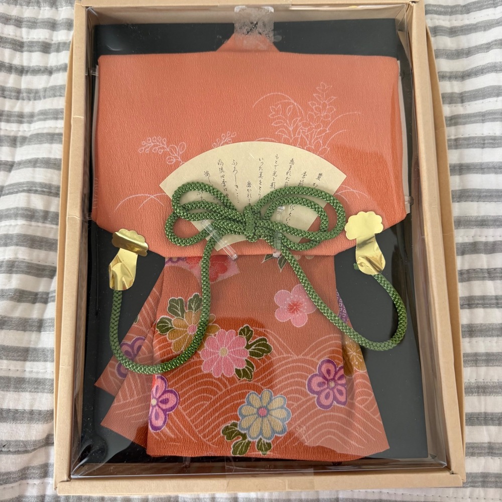 Miyai Japanese Furoshiki Wrapping Cloth Miniature Kimono Fold Floral Coral